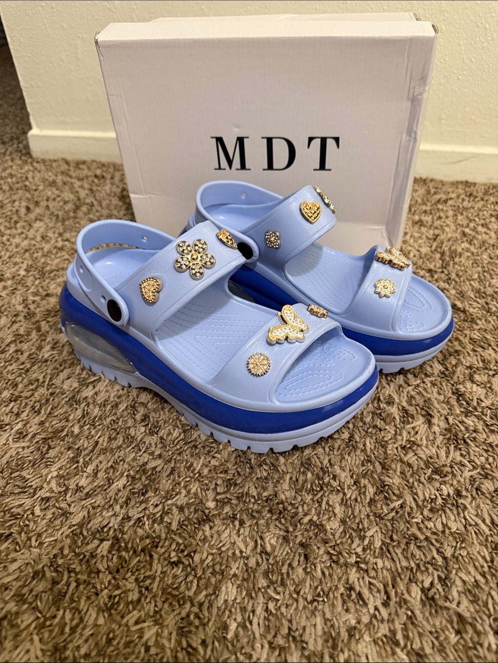 Women’s Light Blue Platform Sandals with Gold Charms